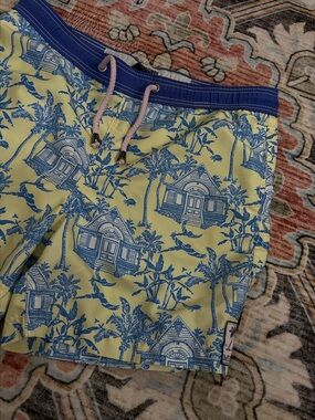 Youth Yellow Tropical Print Swim Shorts with Blue Waistband